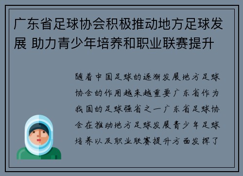 广东省足球协会积极推动地方足球发展 助力青少年培养和职业联赛提升