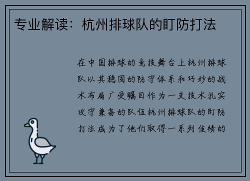 专业解读：杭州排球队的盯防打法