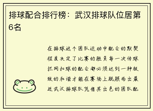 排球配合排行榜：武汉排球队位居第6名