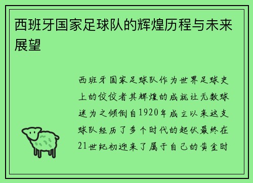 西班牙国家足球队的辉煌历程与未来展望