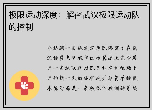 极限运动深度：解密武汉极限运动队的控制