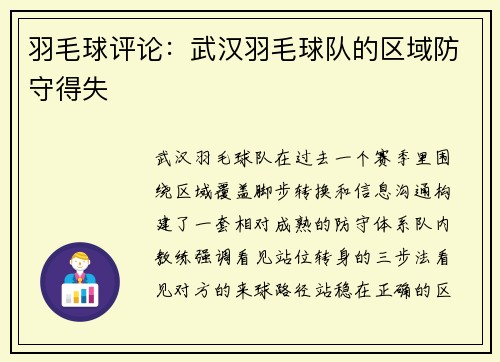 羽毛球评论：武汉羽毛球队的区域防守得失
