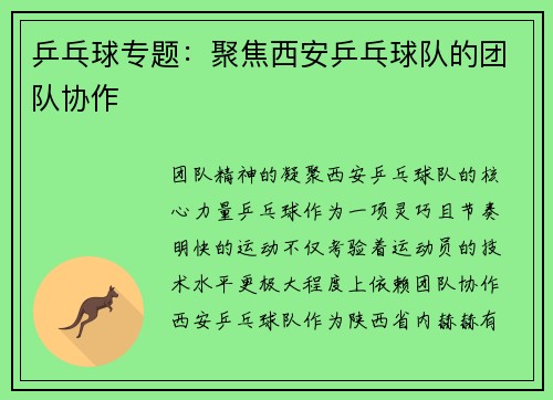 乒乓球专题：聚焦西安乒乓球队的团队协作